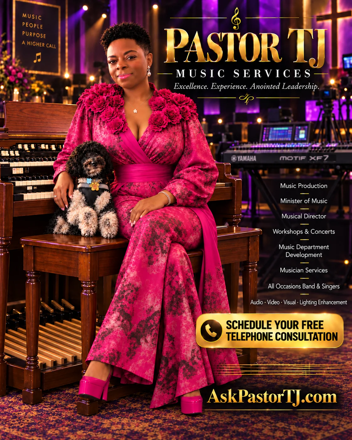 Pastor TJ in a fuchsia formal outfit seated at a Hammond B3 organ with Faith