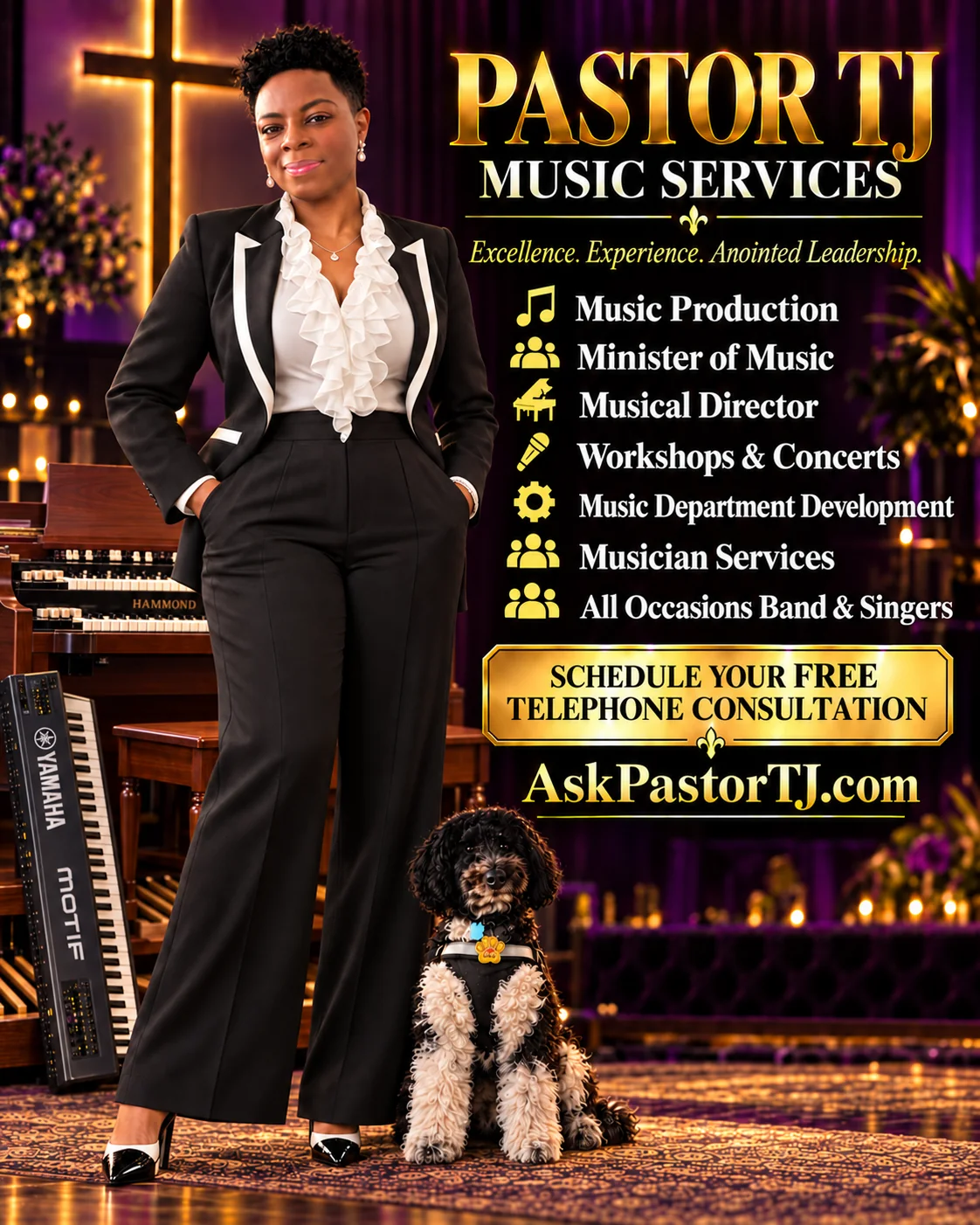 Pastor TJ in a black and white tuxedo-style outfit with a correctly configured Hammond B3 and Yamaha Motif