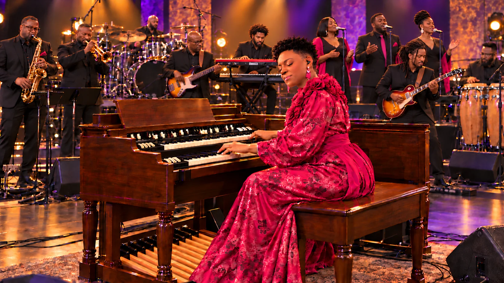 Pastor TJ in fuchsia at the Hammond organ, surrounded by a full band and three singers on a warmly lit stage
